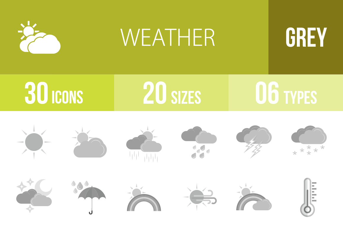30 Weather Greyscale Icons - Overview - IconBunny