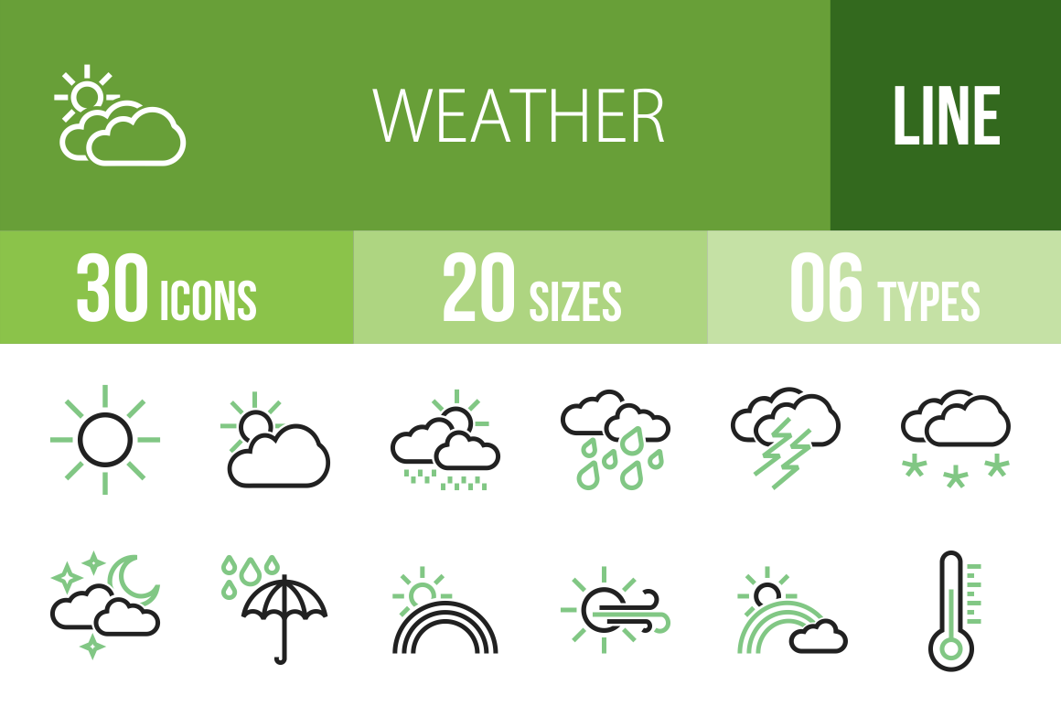 30 Weather Line Green & Black Icons - Overview - IconBunny