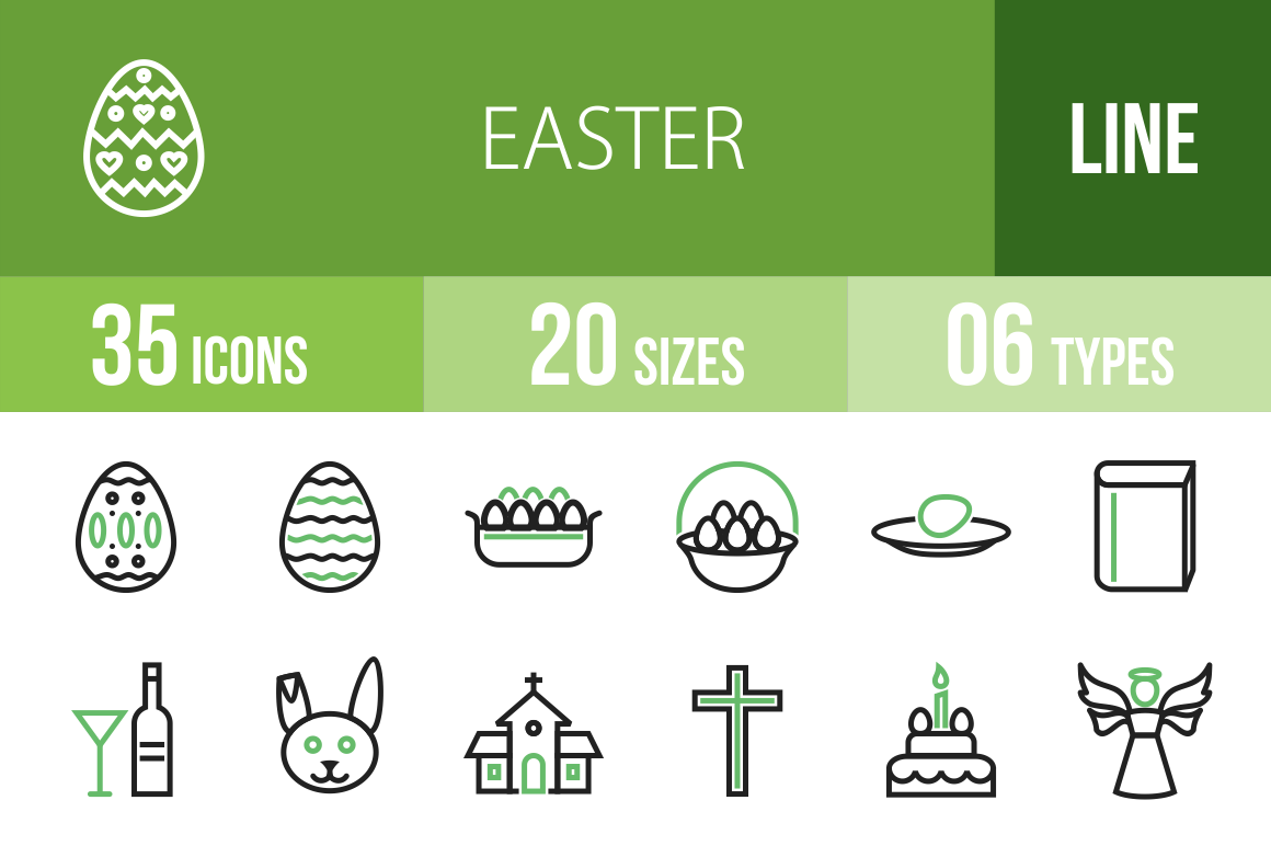 35 Easter Line Green & Black Icons - Overview - IconBunny