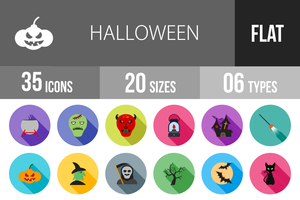 35 Halloween Flat Shadowed Icons - Overview - IconBunny