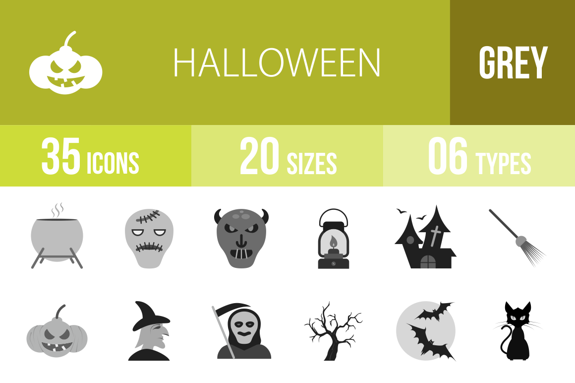 35 Halloween Greyscale Icons - Overview - IconBunny