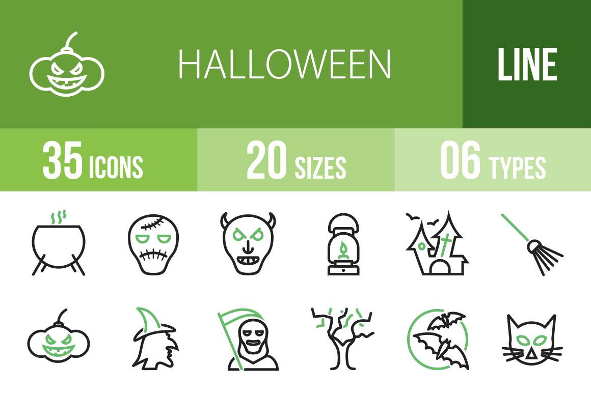 35 Halloween Line Green & Black Icons - Overview - IconBunny