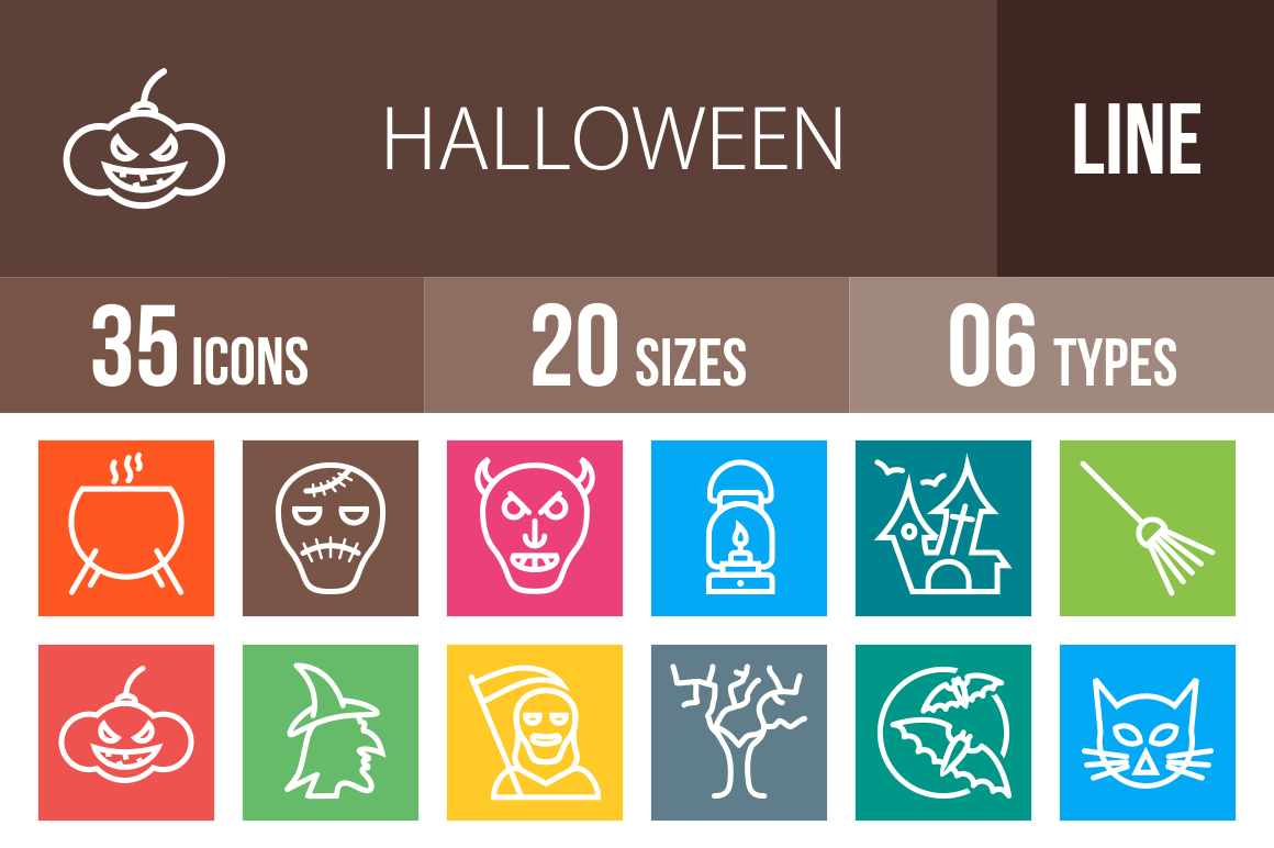 35 Halloween Line Multicolor B/G Icons - Overview - IconBunny