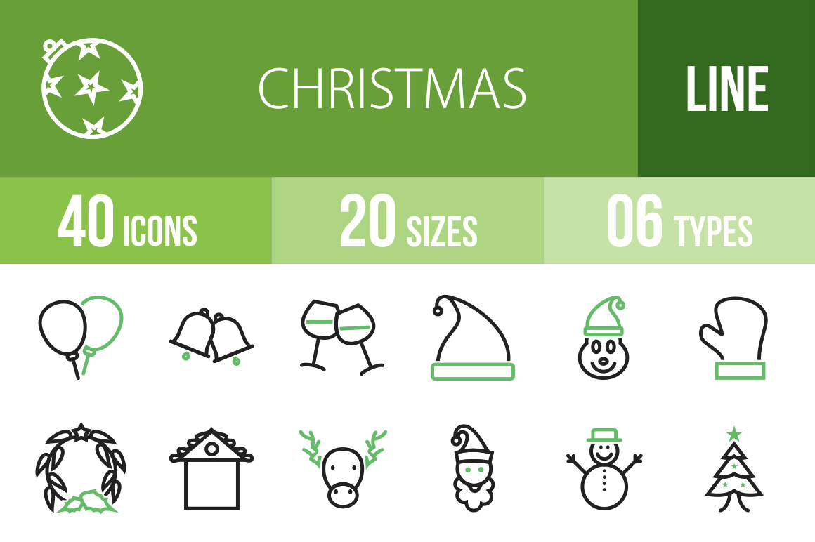 40 Christmas Line Green & Black Icons - Overview - IconBunny