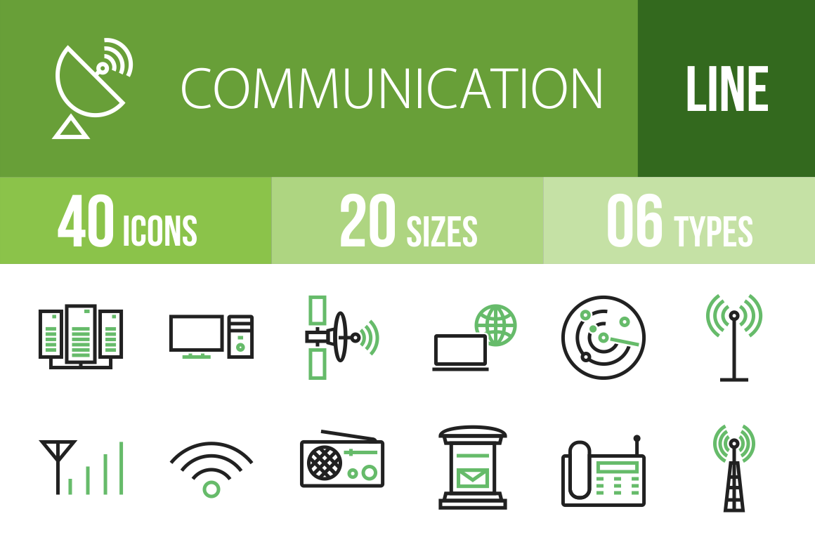 40 Communication Line Green & Black Icons - Overview - IconBunny
