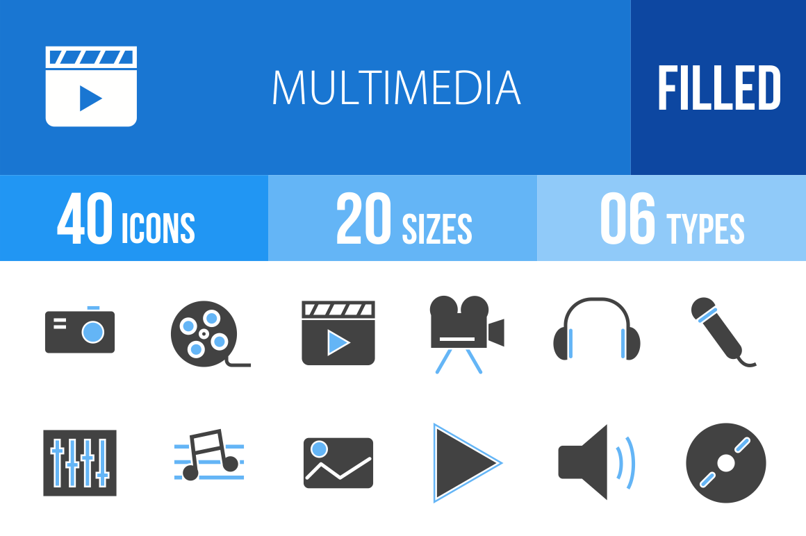 40 Multimedia Blue & Black Icons - Overview - IconBunny