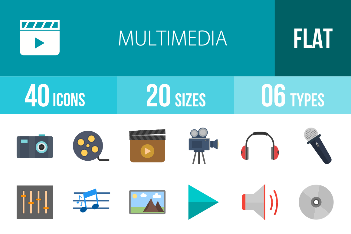 40 Multimedia Flat Multicolor Icons - Overview - IconBunny