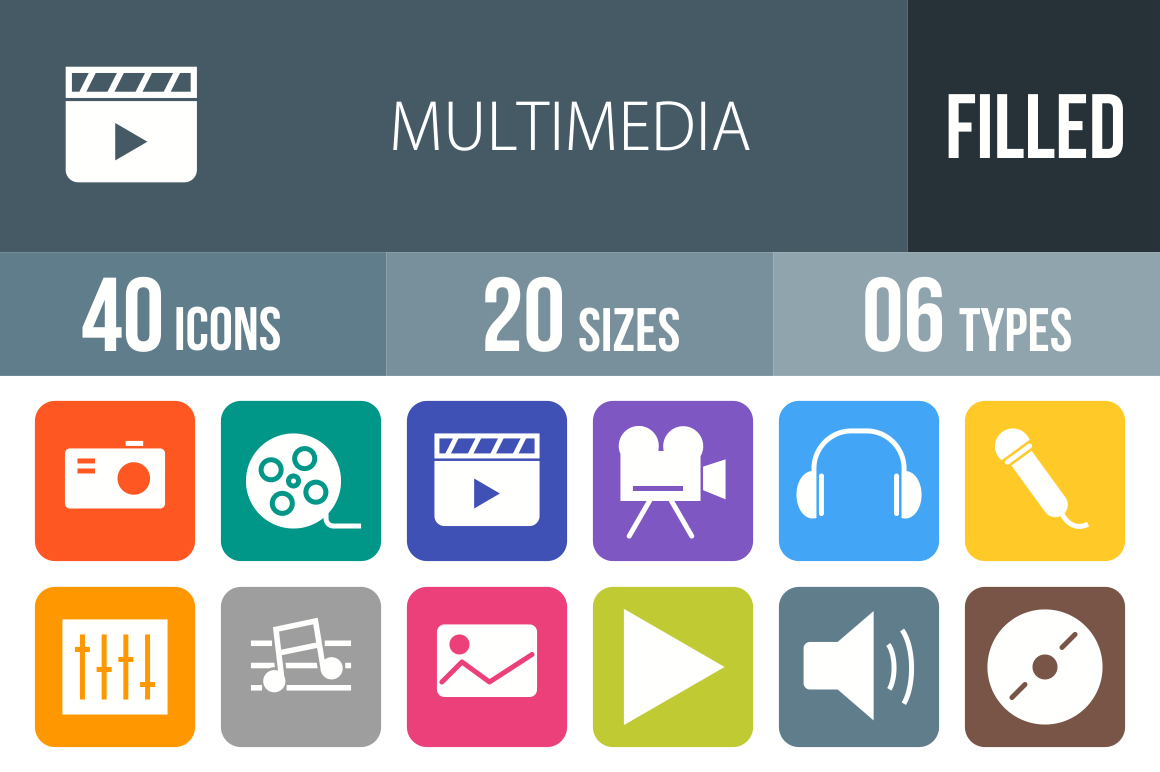 40 Multimedia Flat Round Corner Icons - Overview - IconBunny