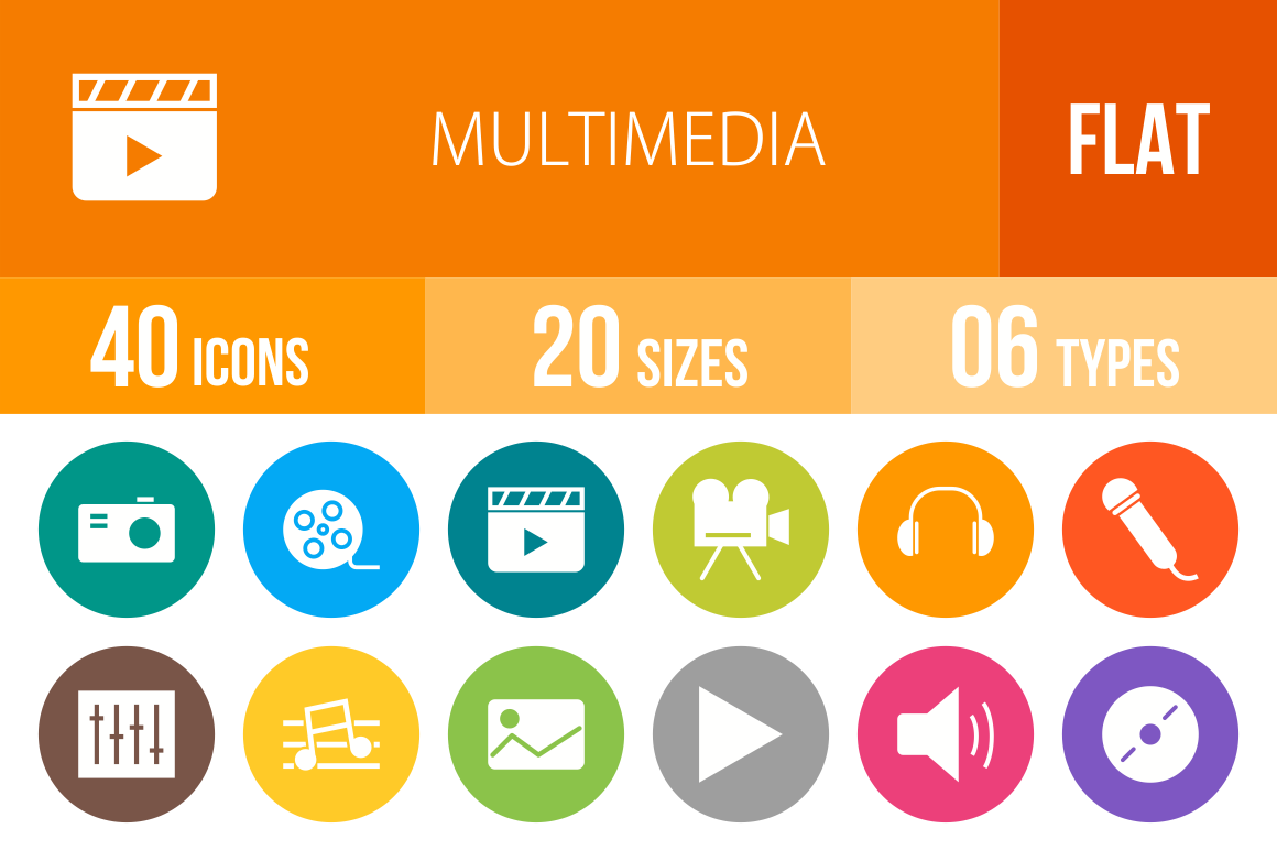 40 Multimedia Flat Round Icons - Overview - IconBunny