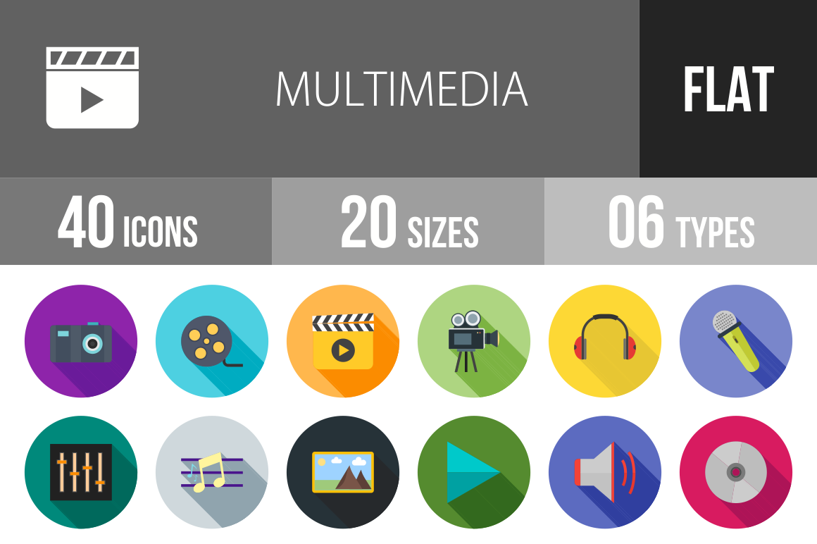 40 Multimedia Flat Shadowed Icons - Overview - IconBunny