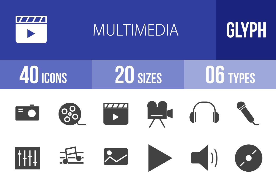 40 Multimedia Glyph Icons - Overview - IconBunny