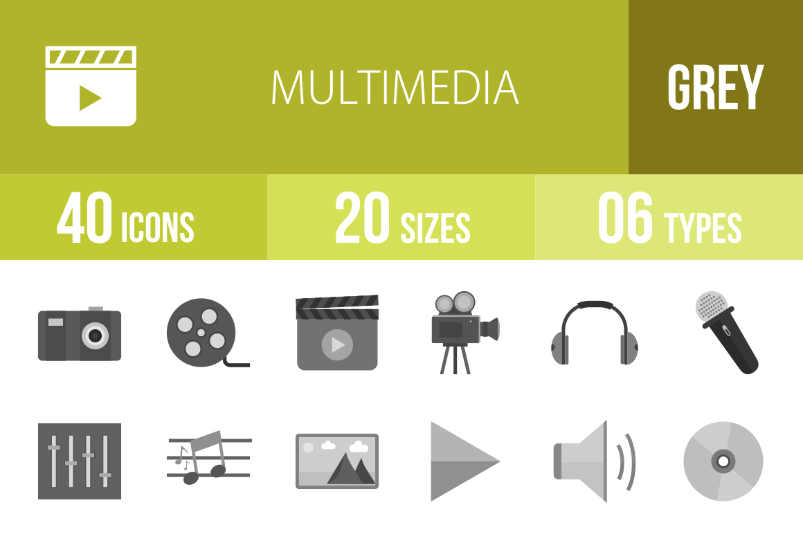 40 Multimedia Greyscale Icons - Overview - IconBunny