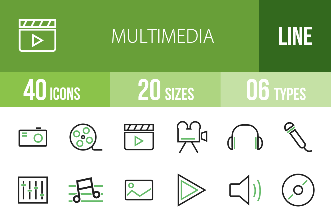 40 Multimedia Line Green & Black Icons - Overview - IconBunny