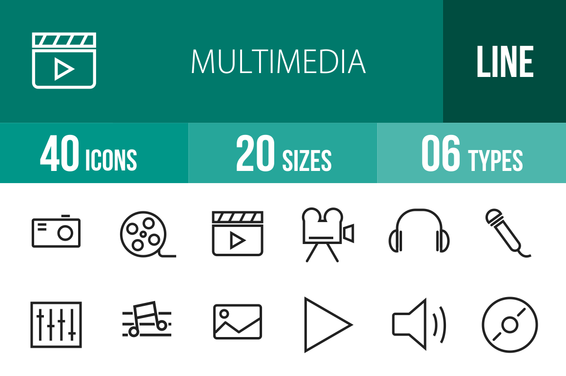 40 Multimedia Line Icons - Overview - IconBunny