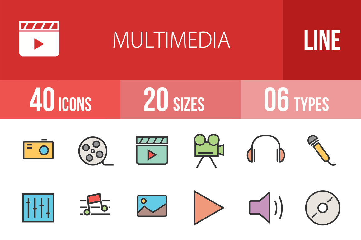 40 Multimedia Line Multicolor Filled Icons - Overview - IconBunny