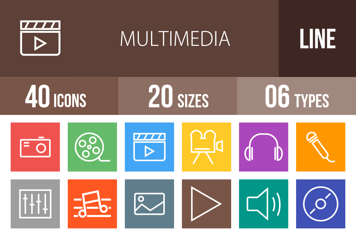 40 Multimedia Line Multicolor B/G Icons - Overview - IconBunny