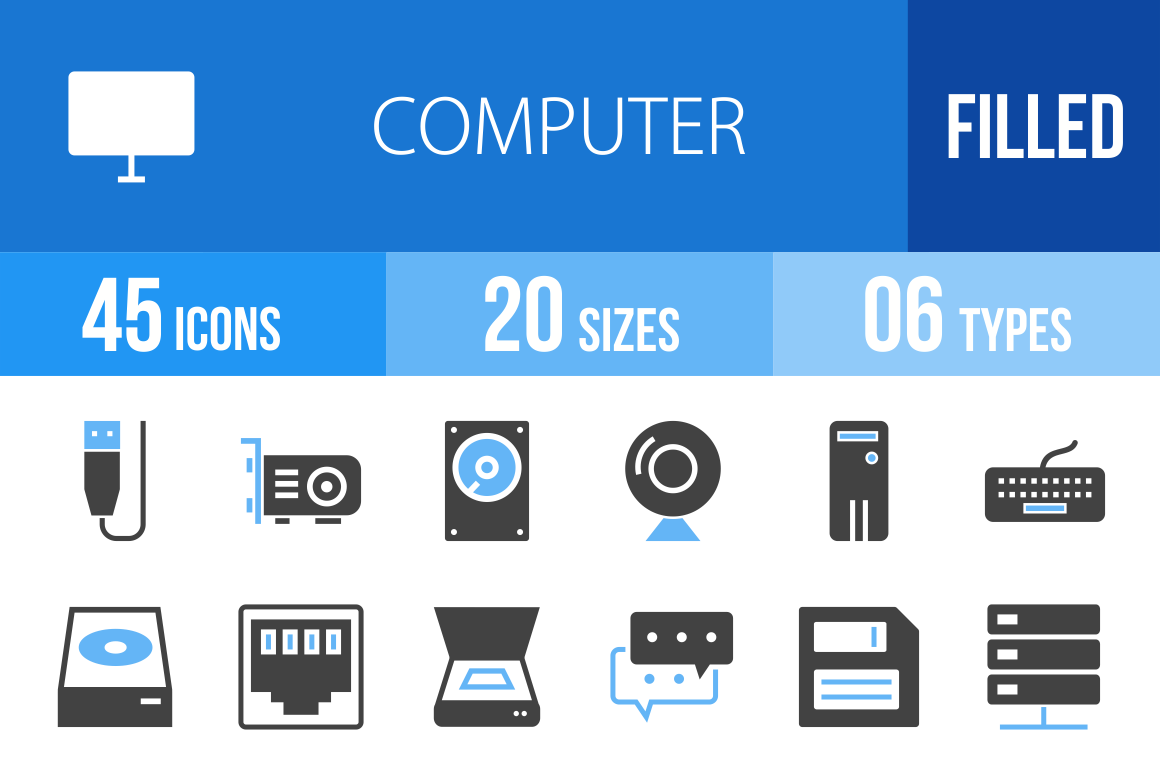 45 Computer & Hardware Blue & Black Icons - Overview - IconBunny