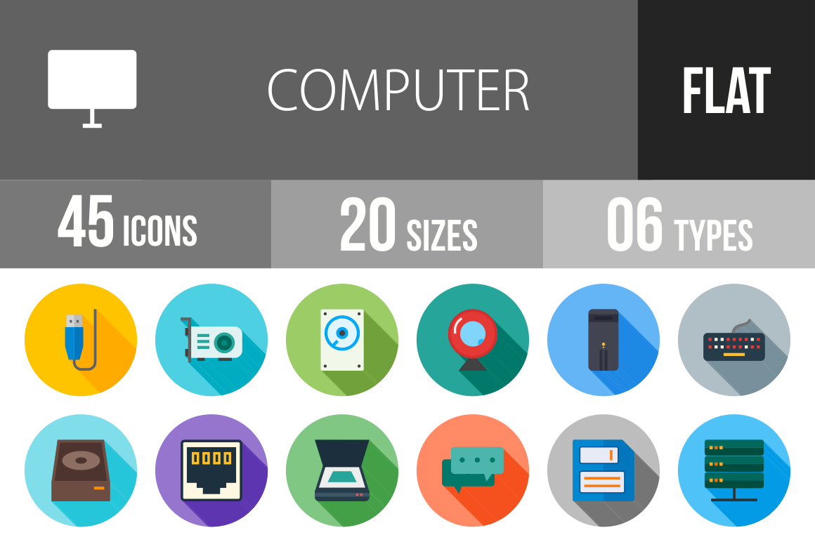 45 Computer & Hardware Flat Shadowed Icons - Overview - IconBunny