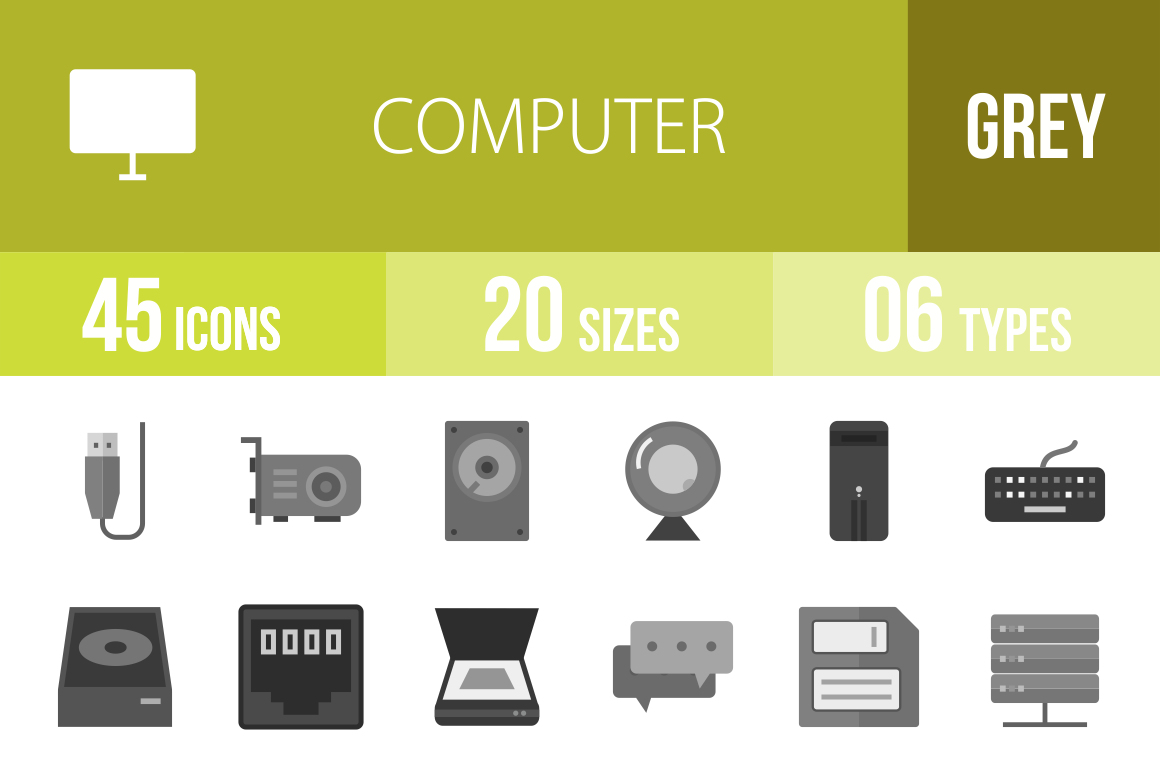 45 Computer & Hardware Greyscale Icons - Overview - IconBunny