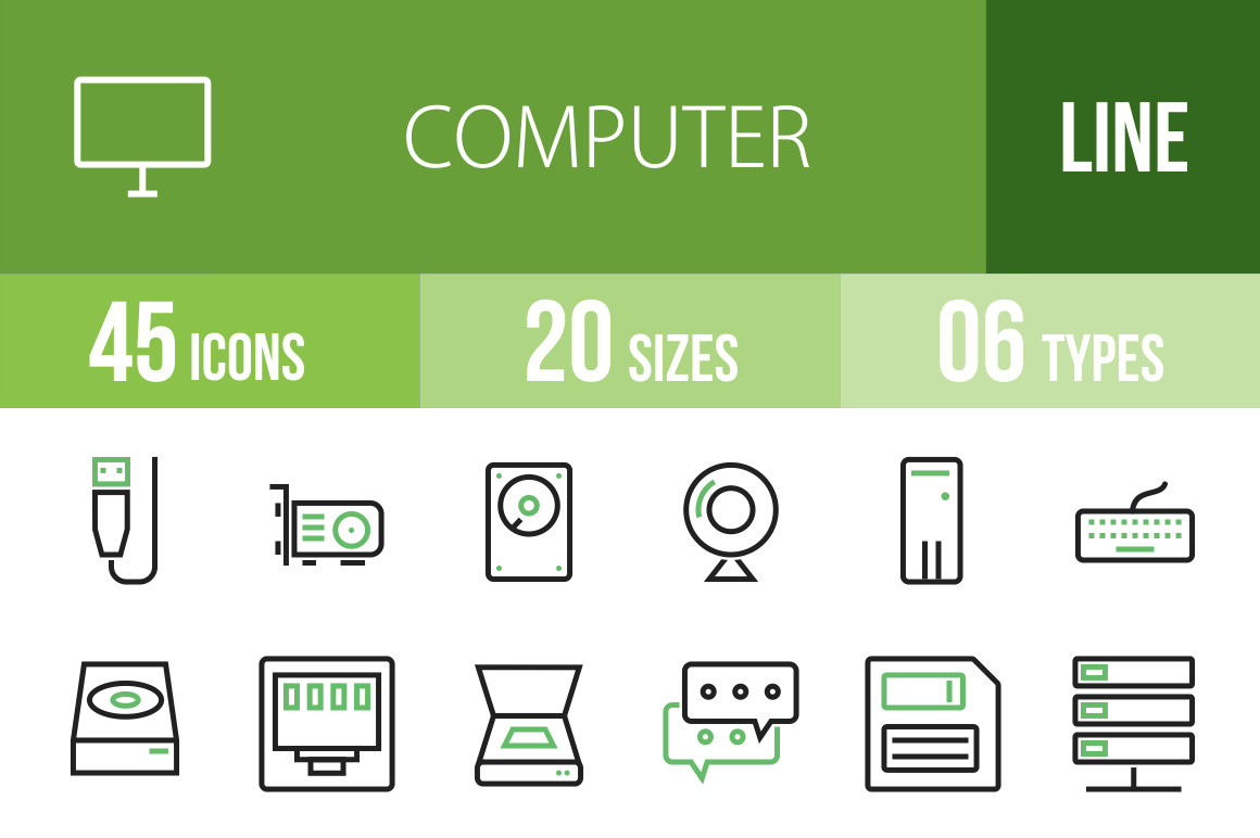 45 Computer & Hardware Line Green & Black Icons - Overview - IconBunny