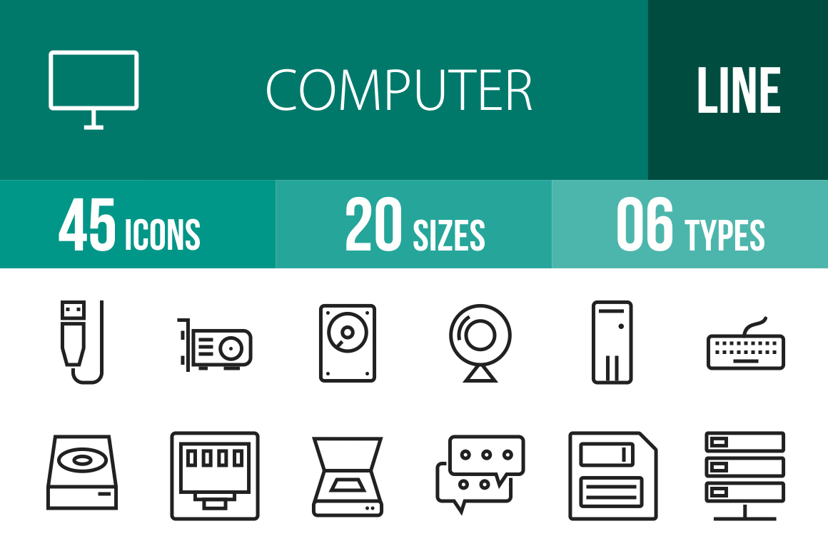 45 Computer & Hardware Line Icons - Overview - IconBunny