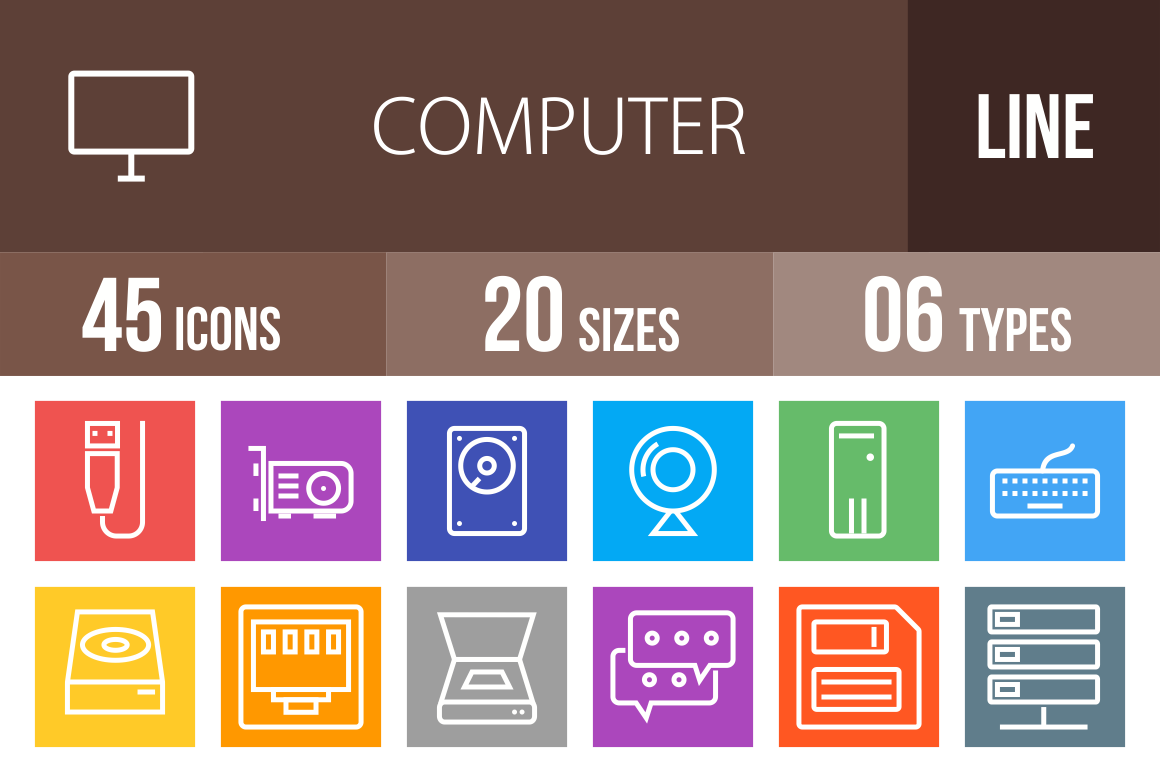 45 Computer & Hardware Line Multicolor B/G Icons - Overview - IconBunny
