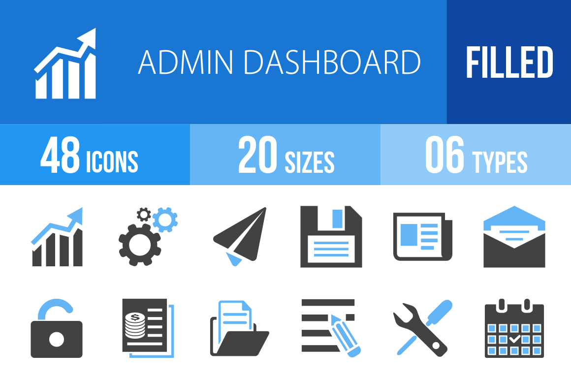 48 Admin Dashboard Blue & Black Icons - Overview - IconBunny
