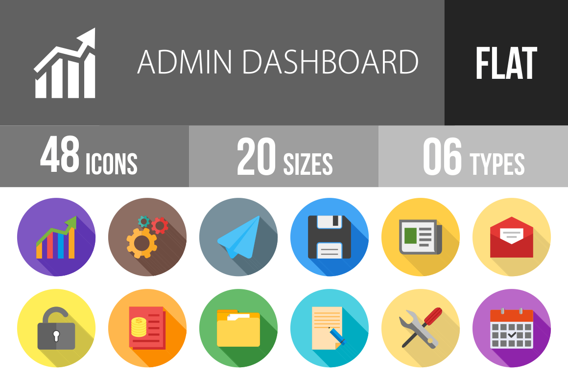 48 Admin Dashboard Flat Shadowed Icons - Overview - IconBunny