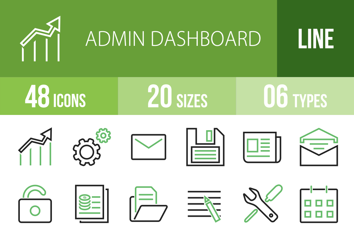 48 Admin Dashboard Line Green & Black Icons - Overview - IconBunny