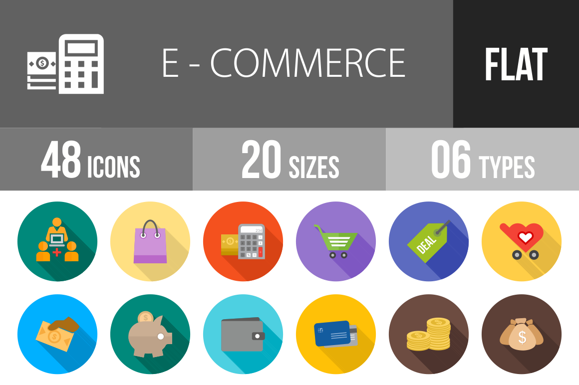 48 E-Commerce Flat Shadowed Icons - Overview - IconBunny