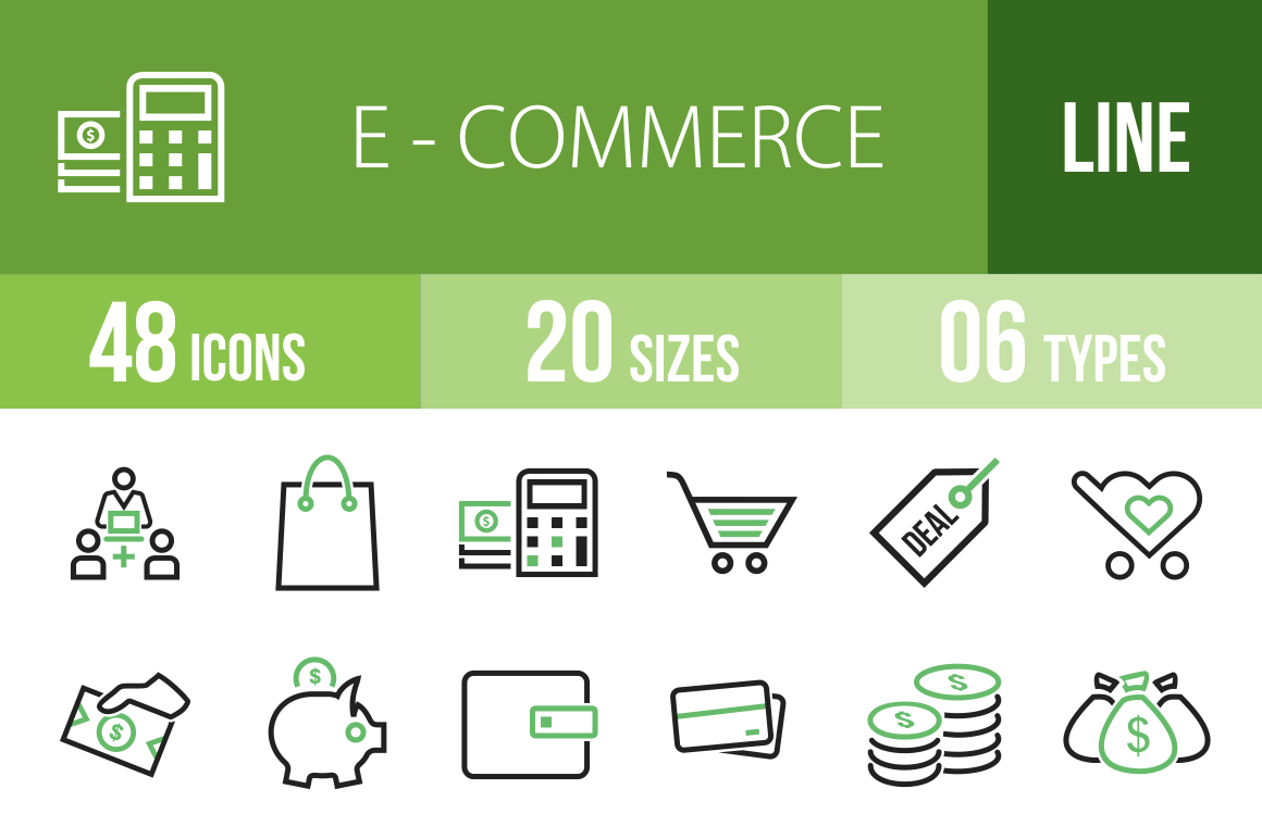 48 E-Commerce Line Green & Black Icons - Overview - IconBunny