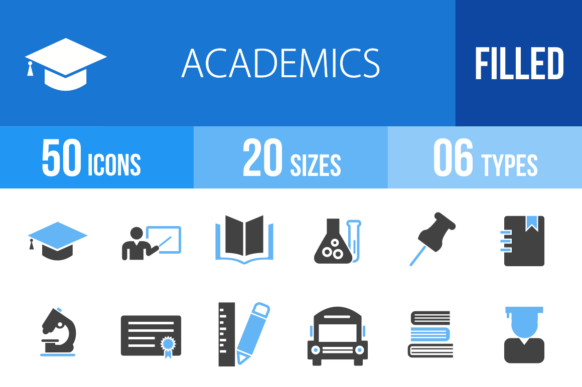 50 Academics Blue & Black Icons - Overview - IconBunny