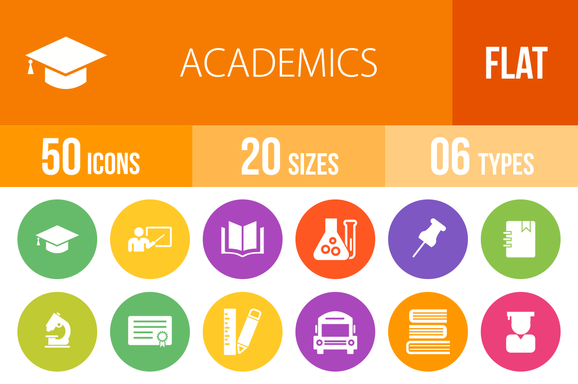 50 Academics Flat Round Icons - Overview - IconBunny