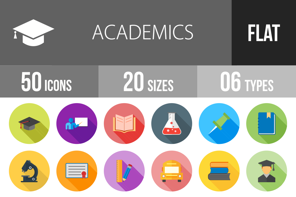 50 Academics Flat Shadowed Icons - Overview - IconBunny