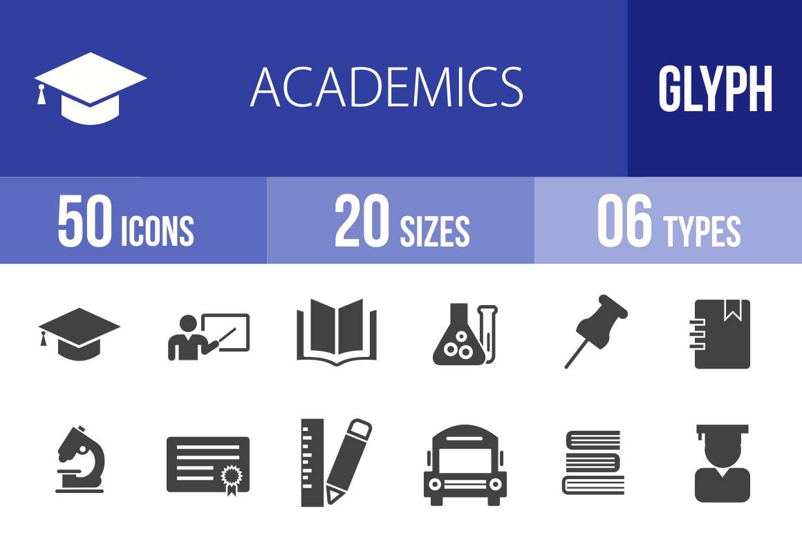50 Academics Glyph Icons - Overview - IconBunny