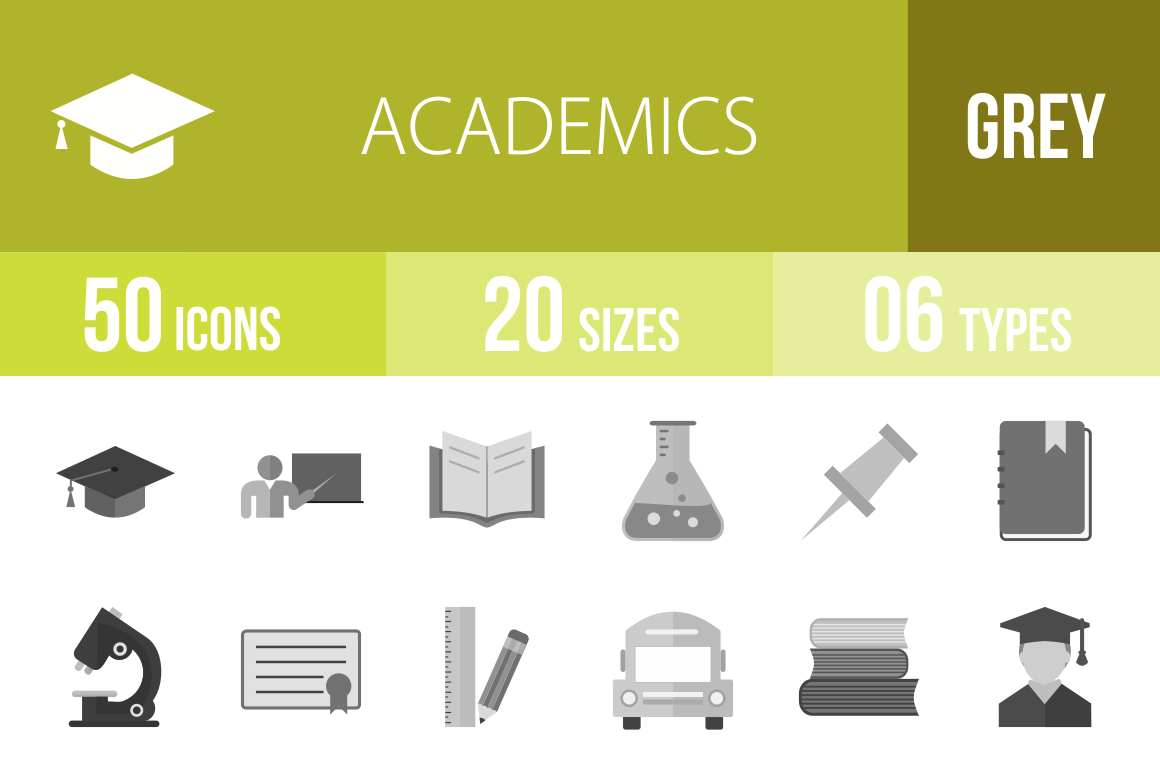50 Academics Greyscale Icons - Overview - IconBunny