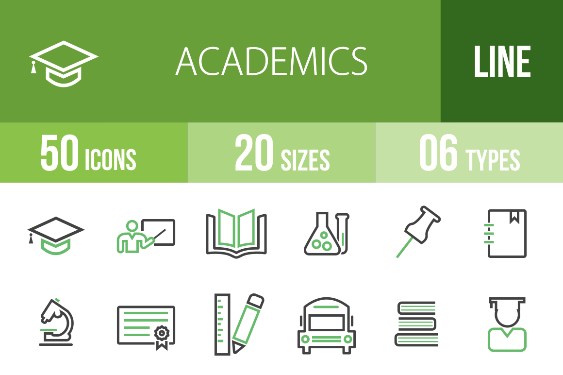 50 Academics Line Green & Black Icons - Overview - IconBunny