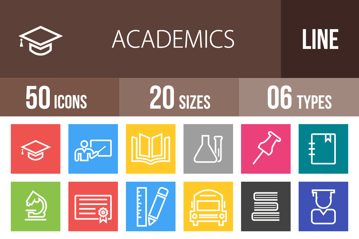 50 Academics Line Multicolor B/G Icons - Overview - IconBunny