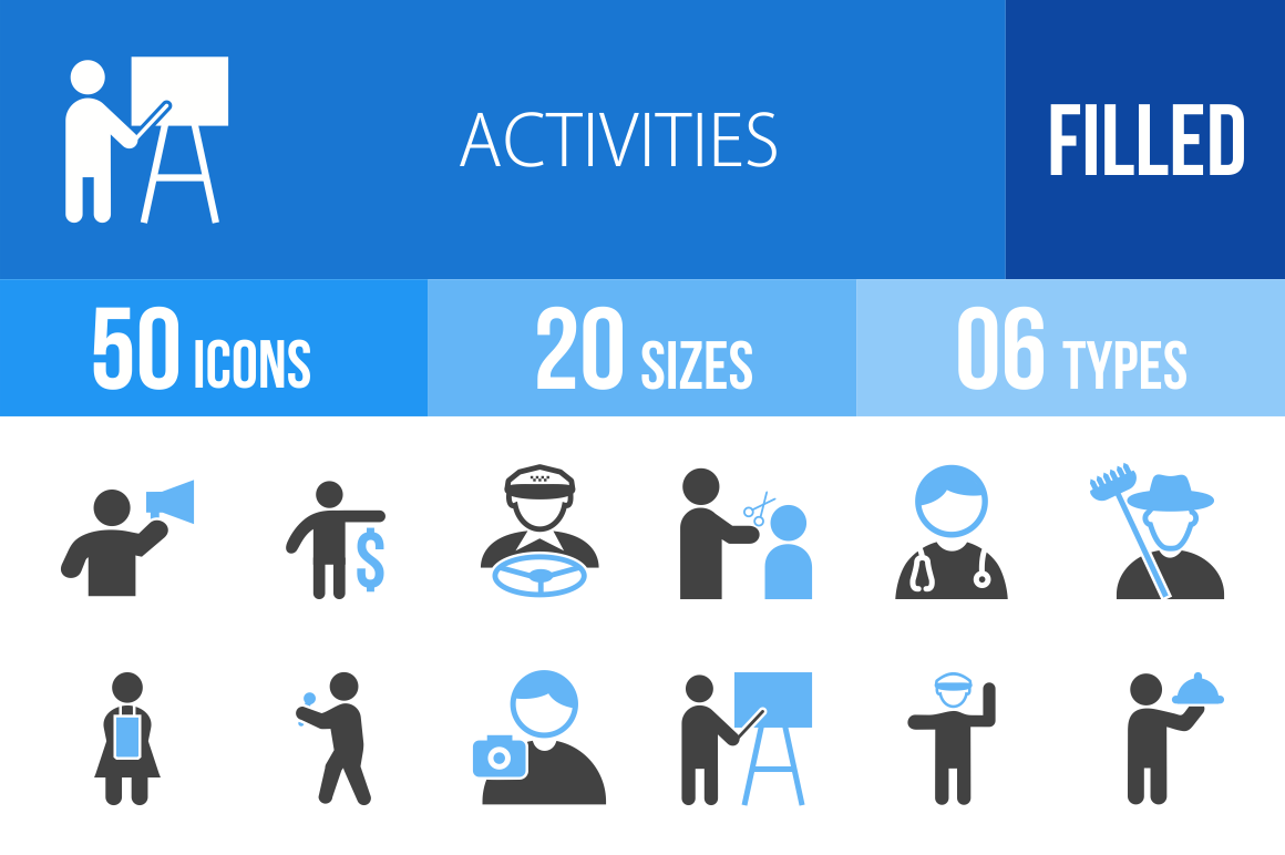 50 Activities Blue & Black Icons - Overview - IconBunny