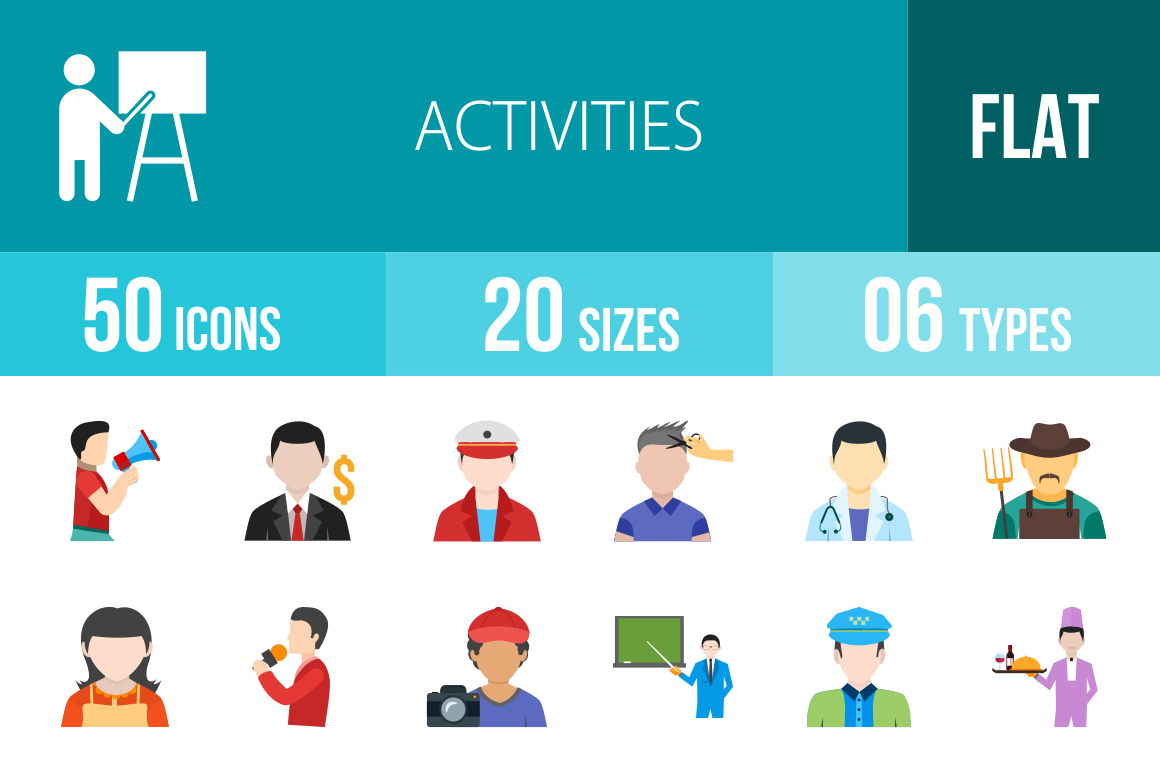 50 Activities Flat Multicolor Icons - Overview - IconBunny