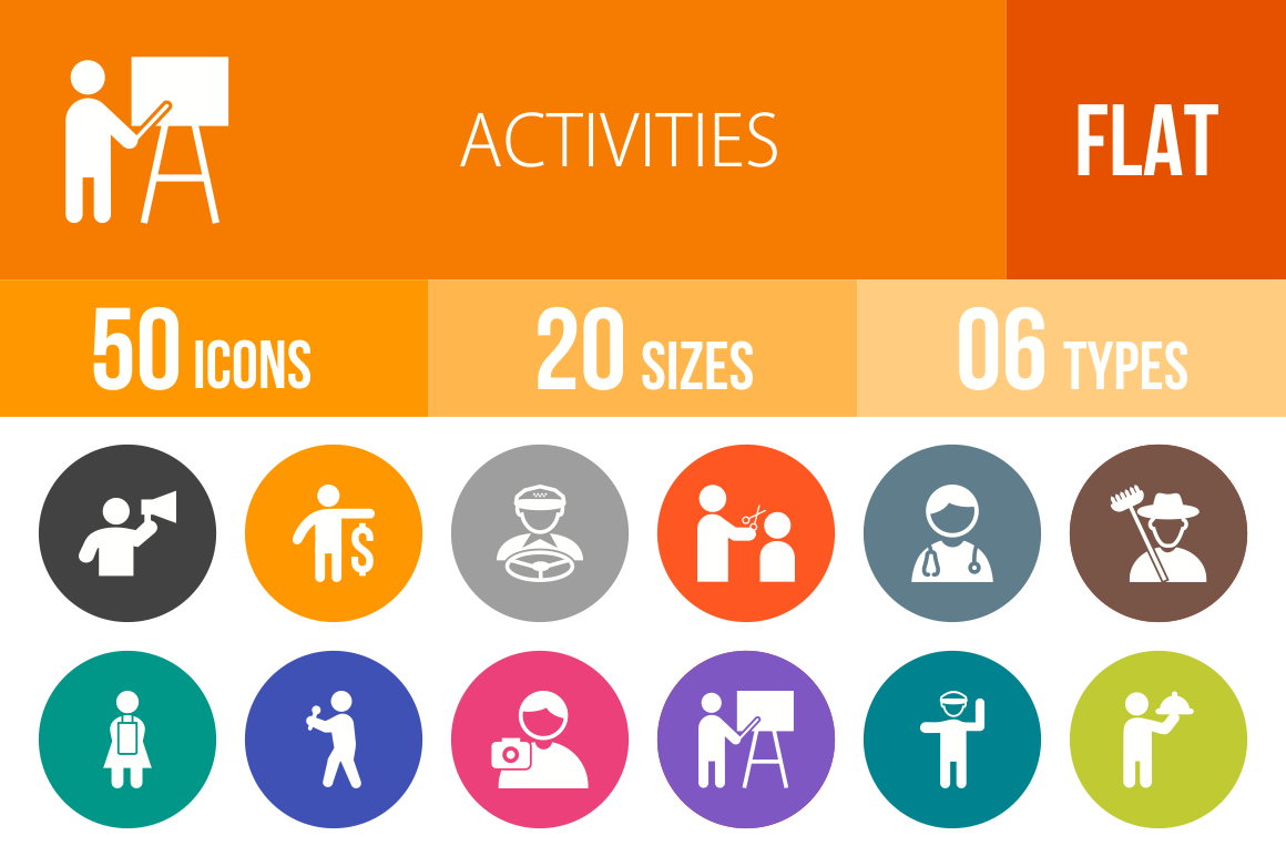 50 Activities Flat Round Icons - Overview - IconBunny