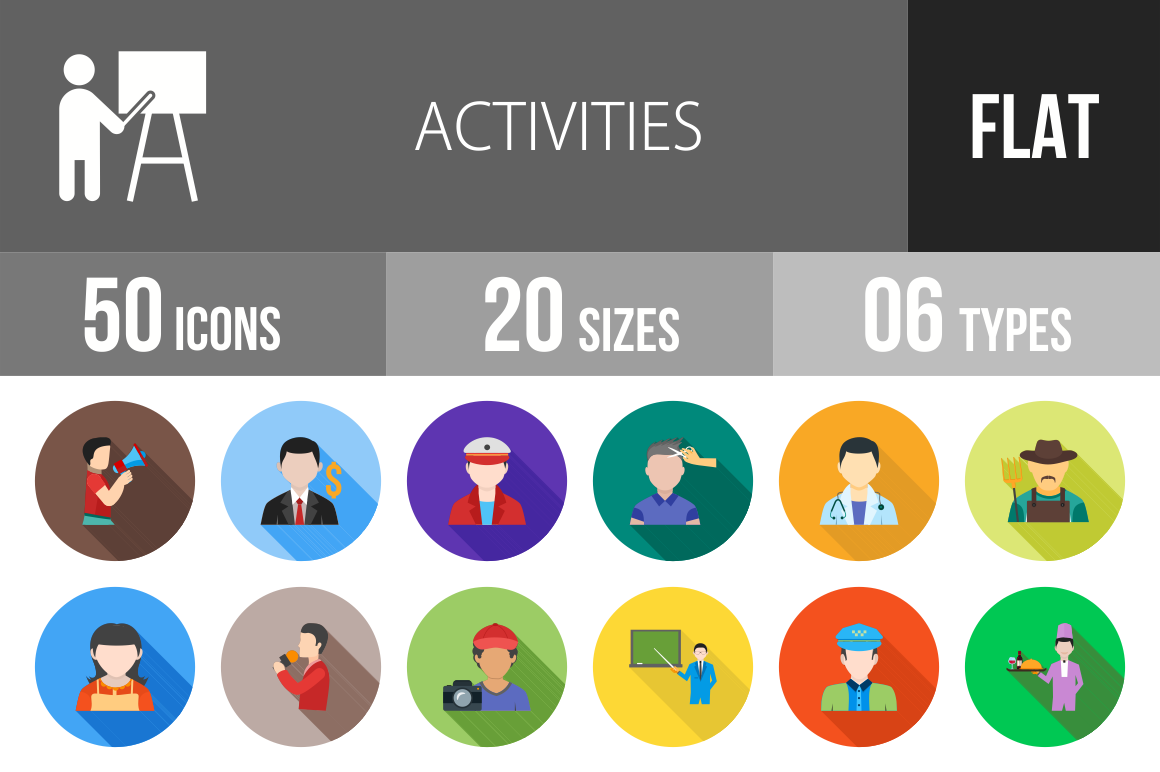 50 Activities Flat Shadowed Icons - Overview - IconBunny
