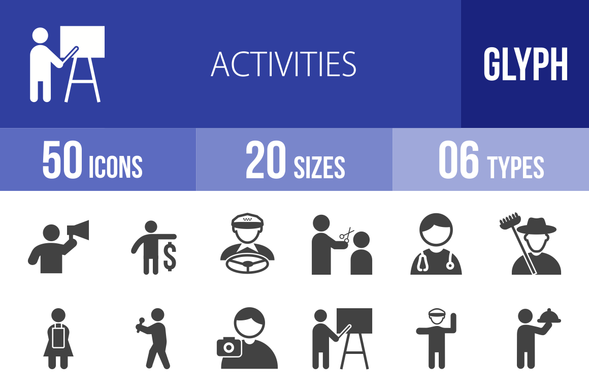 50 Activities Glyph Icons - Overview - IconBunny