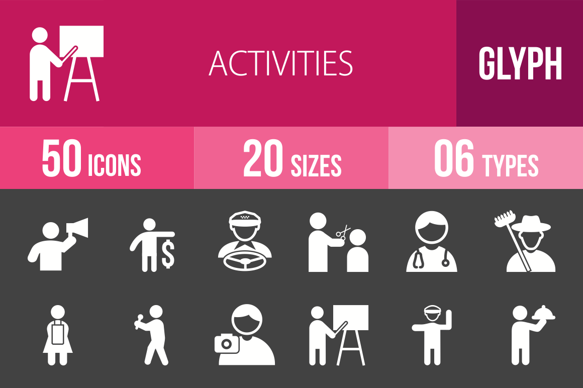 50 Activities Glyph Inverted Icons - Overview - IconBunny