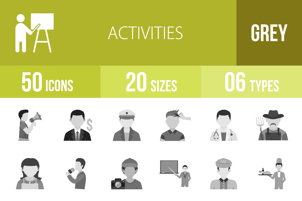 50 Activities Greyscale Icons - Overview - IconBunny