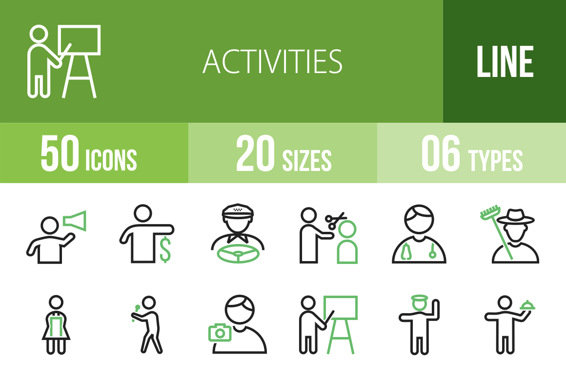 50 Activities Line Green & Black Icons - Overview - IconBunny
