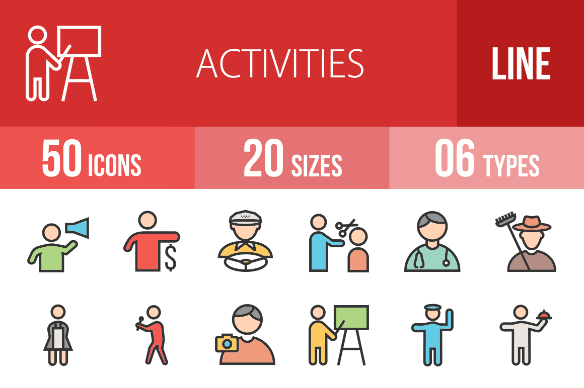 50 Activities Line Multicolor Filled Icons - Overview - IconBunny