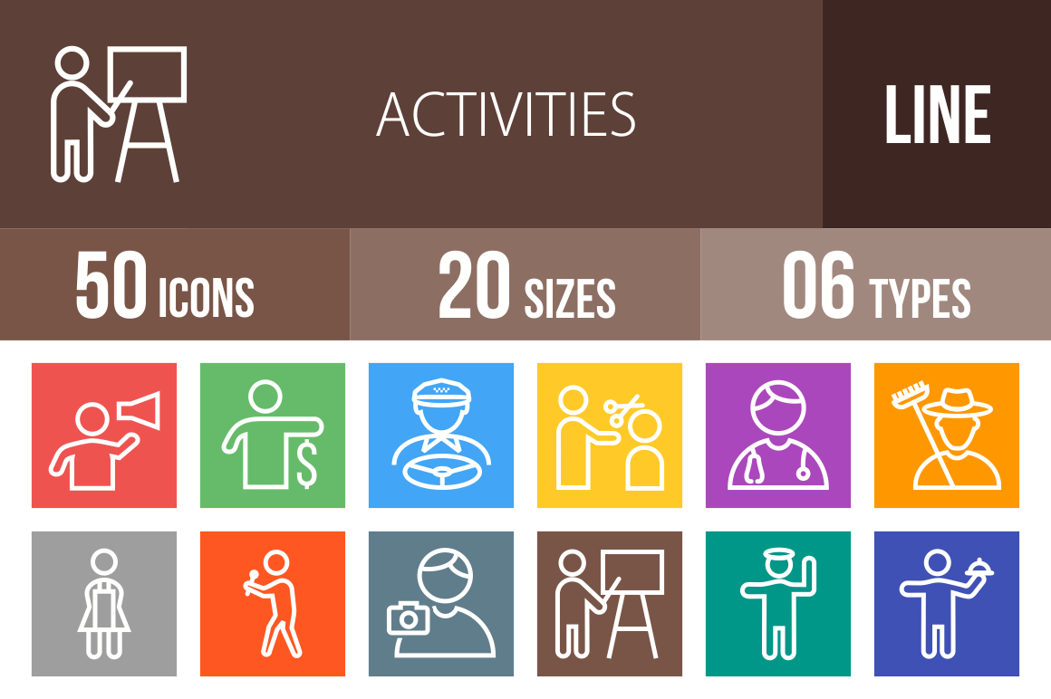50 Activities Line Multicolor B/G Icons - Overview - IconBunny