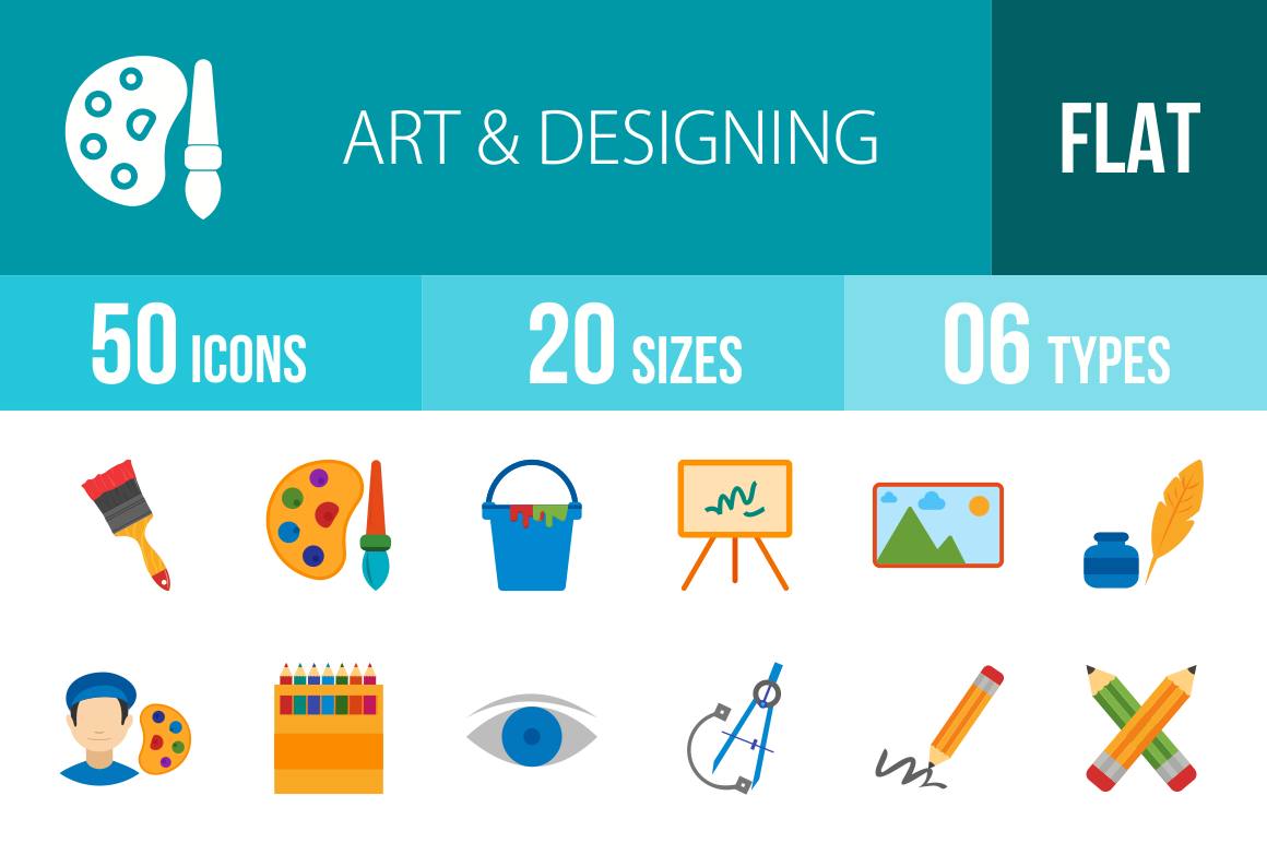 50 Art & Designing Flat Multicolor Icons - Overview - IconBunny