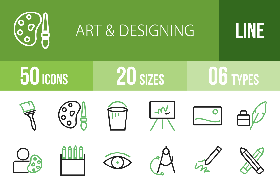 50 Art & Designing Line Green & Black Icons - Overview - IconBunny